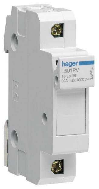 Ein einpoliger Sicherungshalter von Hager mit der Bezeichnung 'L501PV', geeignet für 32A, 1000V, im Format 10,3 x 38 mm.