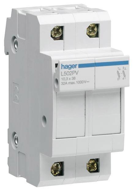 Ein zweipoliger Sicherungsautomat von Hager, Modell L502PV, ausgelegt für 32A und 1000V.