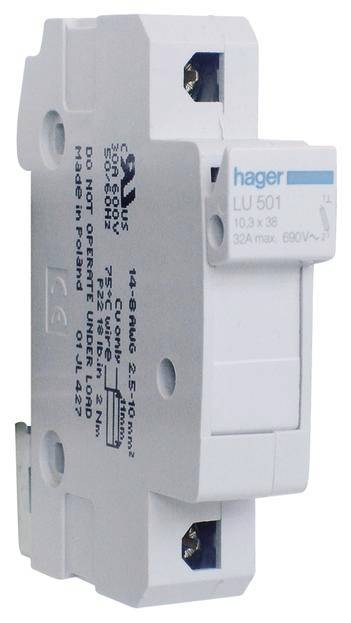 Ein einzelner Sicherungsautomat von Hager, weiß mit blauer Beschriftung, Modell LU 501, für elektrischen Schutz in Schalttafeln.
