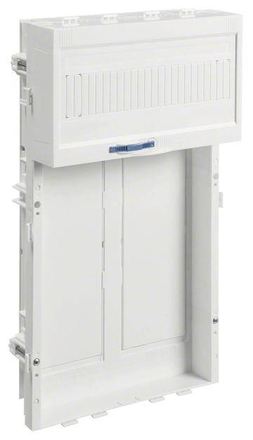 Ein vertikaler, weißer Schaltschrank mit geschlossenem Deckel und seitlichen Verriegelungen. Geeignet für Elektroinstallationen.