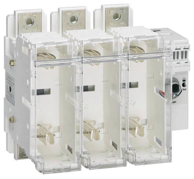 Ein dreipoliger Sicherungshalter für industrielle Anwendungen mit transparenter Abdeckung, ohne eingesetzte Sicherungen.