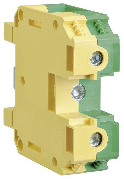 Ein gelb-grüner elektrischer Steckverbinder mit zwei Steckanschlüssen, geeignet für die Montage auf einer Hutschiene.