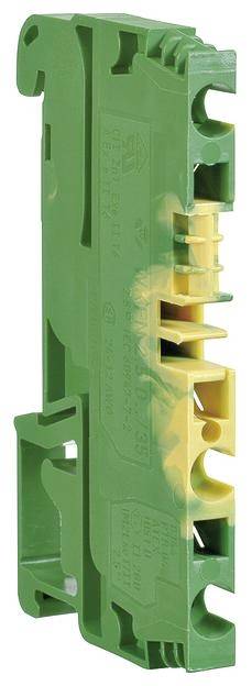 Grüner Klemmenblock aus Kunststoff mit gelben Details, seitliche Führungsschienen und Drahtanschlüssen. Wird in der Elektrotechnik verwendet.