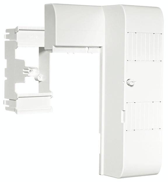 Ein weißer, rechteckiger Gehäuse, möglicherweise ein elektrisches Bauteil oder Verteilerkasten, mit einem abgewinkelten Anbauteil.