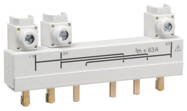 Elektrische Sammelschiene mit mehreren Steckplätzen, geeignet für bis zu 63 Ampere. Zwei Anschlussstellen mit durchsichtigen Abdeckungen oben.