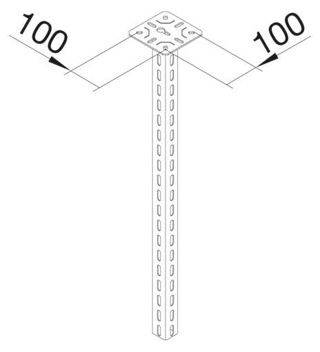 Metallstütze mit quadratischer Basis und seitlichen Löchern; Maße 100x100 mm auf der Basis angezeigt.