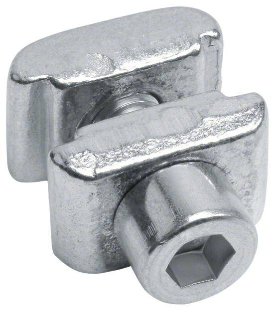 Ein silberner, metallischer Bolzen mit sechseckiger Aussparung, vermutlich Teil einer Schraubverbindung oder eines Befestigungssystems.