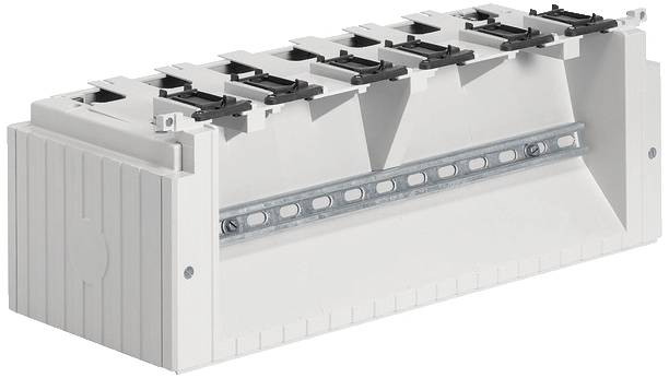 Kunststoffbauteil mit Metallleiste und sechs schwarzen Klemmen, vermutlich ein elektrisches Gehäuse oder Verteiler.