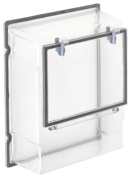 Eine transparente Schutzabdeckung mit einem klappbaren Deckel, der von zwei blauen Clips gehalten wird. Hauptsächlich für Schalter oder Anzeigen.