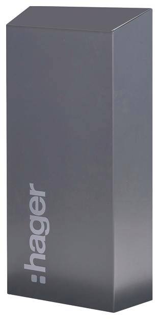 Schwarzer Hager-Kasten mit schlichtem Design, vertikal angeordnet.