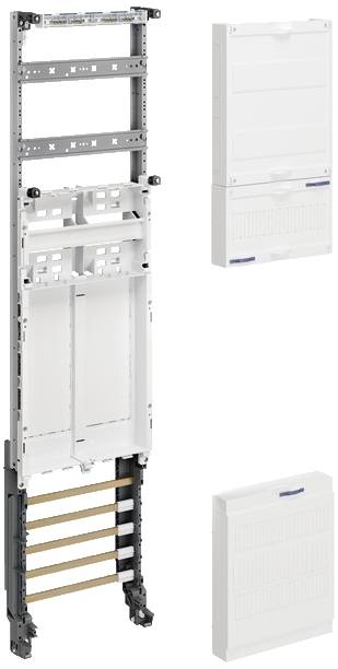 'Installationsschrank für Elektrokomponenten': Rahmen mit integriertem Gitter und zwei weißen Abdeckungen.
