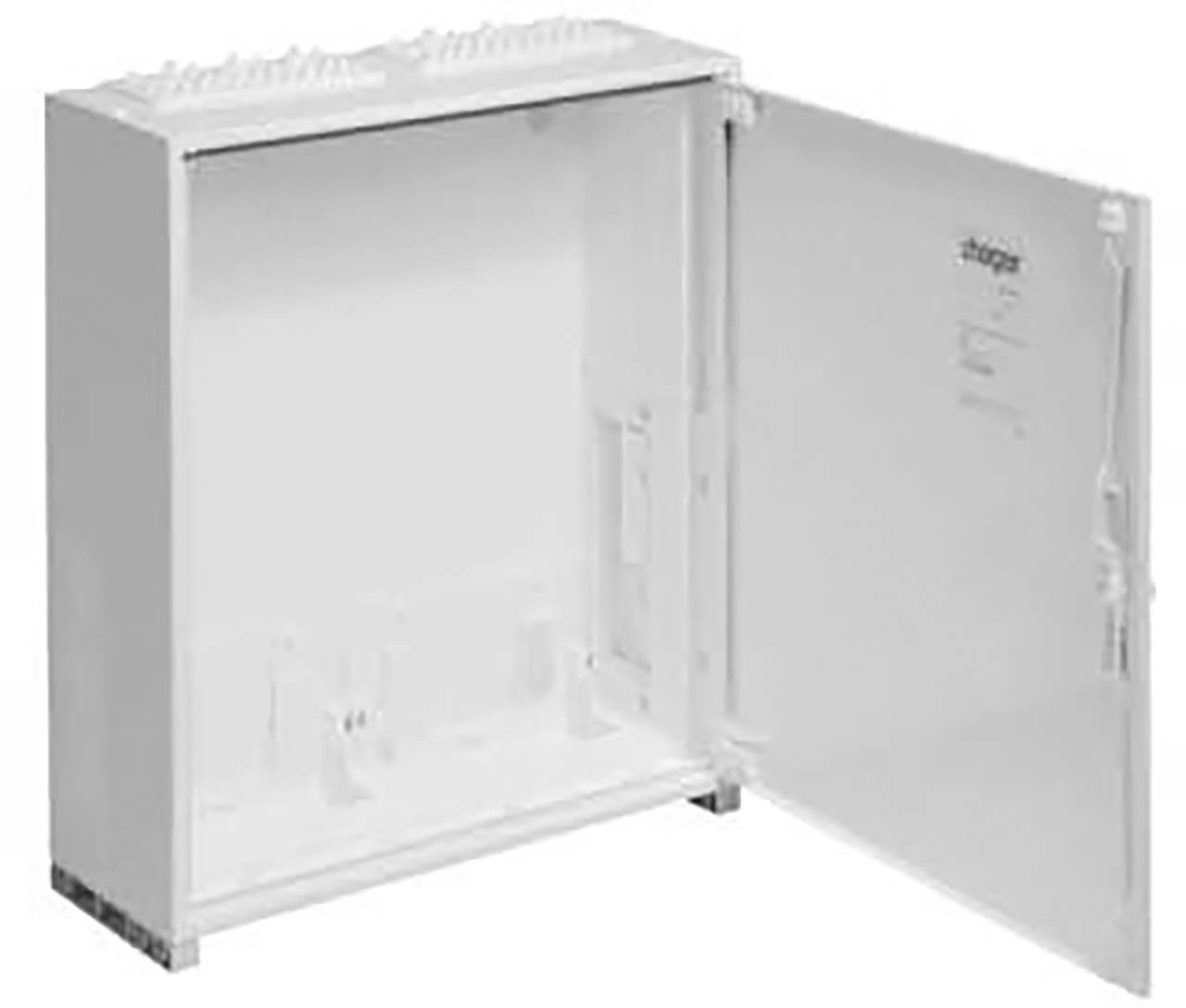Ein leerer, offener Schrank mit Regalflächen, geeignet zur Aufbewahrung von Geräten oder Unterlagen.