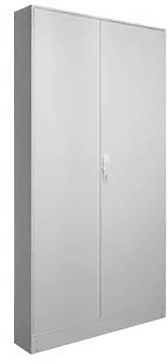 Metallischer Aktenschrank mit zwei Türen und Griff, geschlossen.