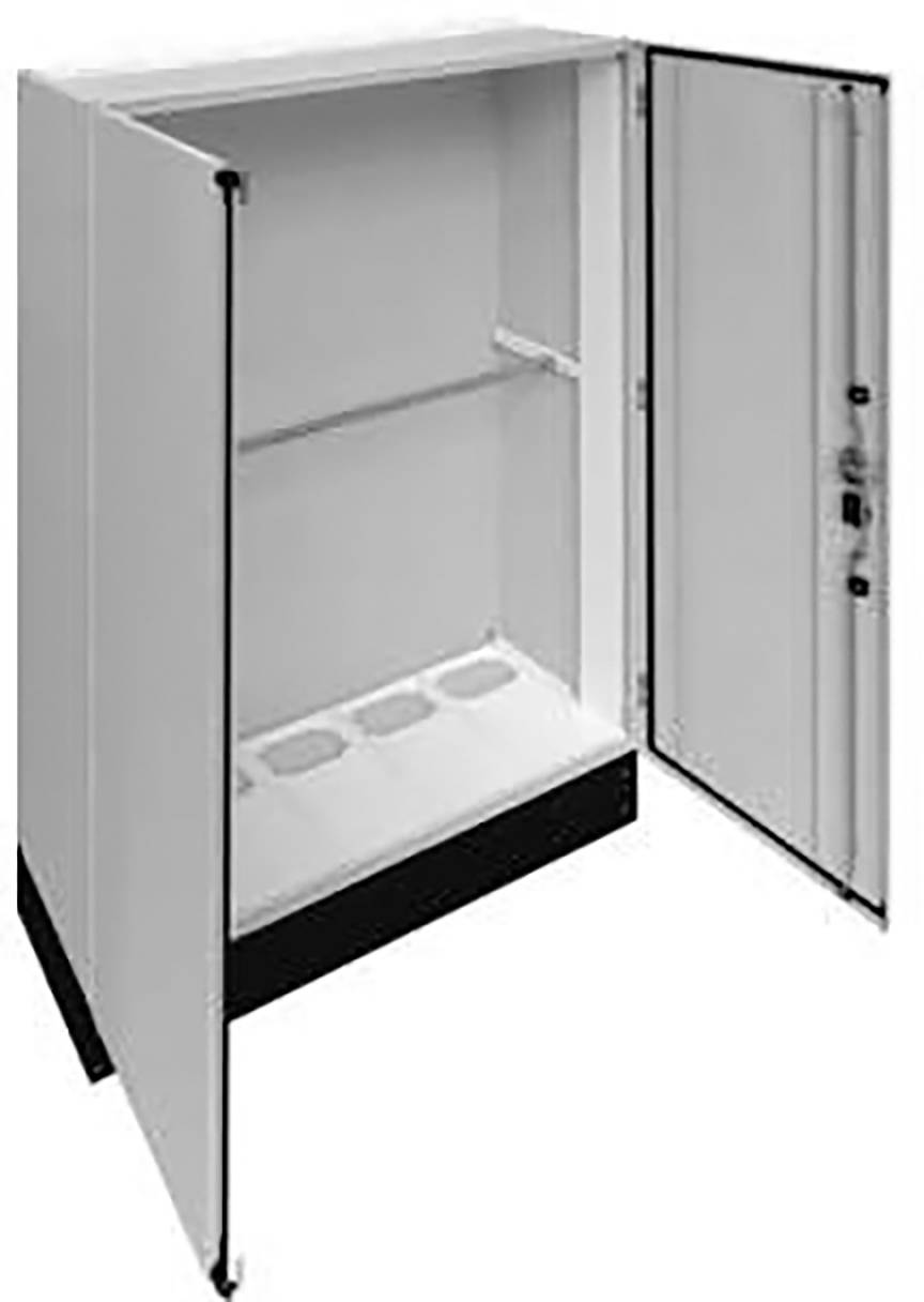 Ein geöffneter, leerer Metallschrank mit zwei Türen, die nach außen zeigen. Oben im Schrank ist ein einzelnes Regalbrett sichtbar.