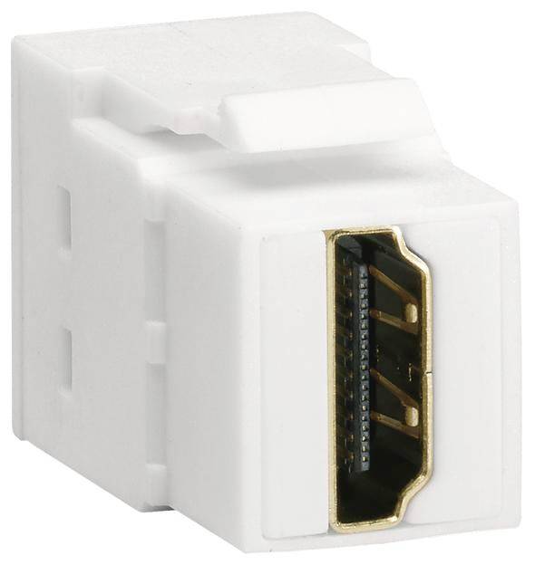 Weißer HDMI-Buchsenstecker in rechteckiger Kappe; goldene Kontakte sichtbar. Geeignet für Audio/Video-Verbindungen.