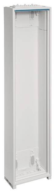 Leerer, stehender weißer Schaltschrank mit offener Vorderseite, geeignet für elektronische Komponenten und Verkabelung.