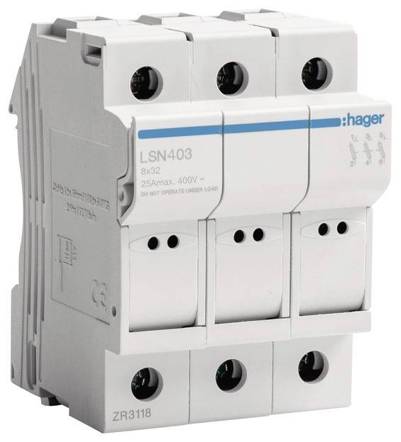 Leistungsschalter mit drei Schaltern, Modell LSN403 von Hager, 25A, 400V. Geeignet zur Steuerung von elektrischen Lasten.