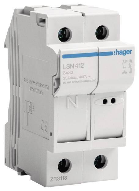 Ein zweipoliger Leitungsschutzschalter von Hager mit der Bezeichnung LSN 412, geeignet für 25 Ampere und 400 Volt Anwendungen.