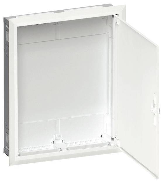 Offener weißer Schaltschrank mit sichtbarem Innenraum. Tür ist nach rechts geöffnet. Geeignet für Elektroinstallationen oder Netzwerkschaltkreise.