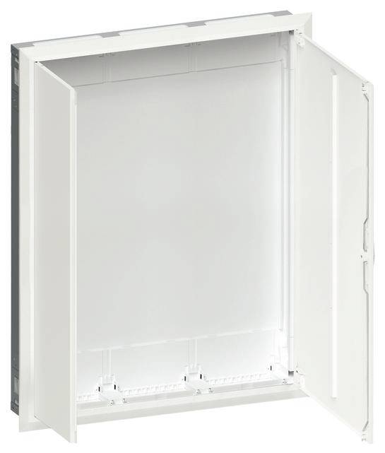Ein weißer, geöffneter Sanitärverteilerkasten mit zwei Türen, geeignet für die Verkleidung von Installationen in Wänden.