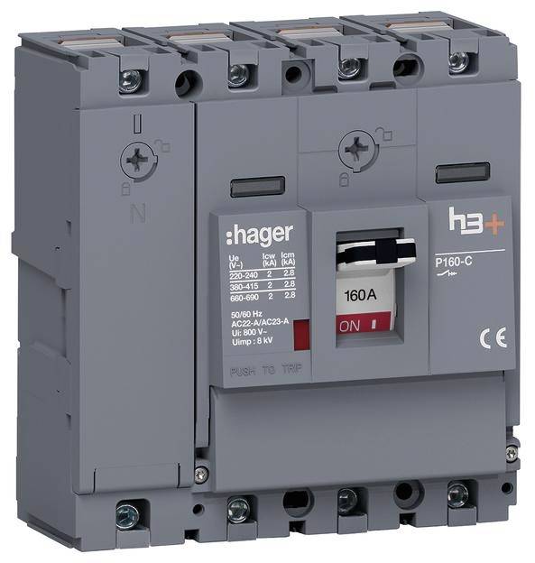 Ein grauer Leistungsschalter von Hager, Modell h3+, zeigt eine Nennstromstärke von 160 A.