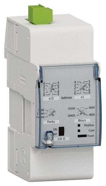 Stromzählergerät mit verschiedenen Anschlüssen, Schaltern für Parität und Adressenwahl, sowie Anzeigeleuchten für Modbus und Stromversorgung.