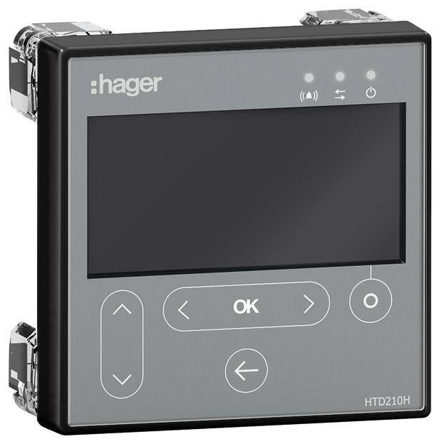 Elektronisches Steuergerät mit digitalem Bildschirm und Navigationsknöpfen. Marke 'Hager', Modellnummer 'HTD210H'.