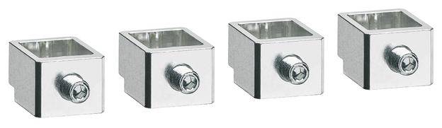 Vier quadratische, silberne Metallklemmen mit Schrauben, in einer Reihe angeordnet. Sie dienen zur Befestigung oder Verbindung.