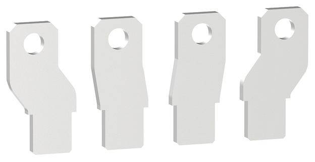 Vier identische graue Metallteile mit rechteckiger und runder Öffnung oben, vermutlich mechanische Komponenten.