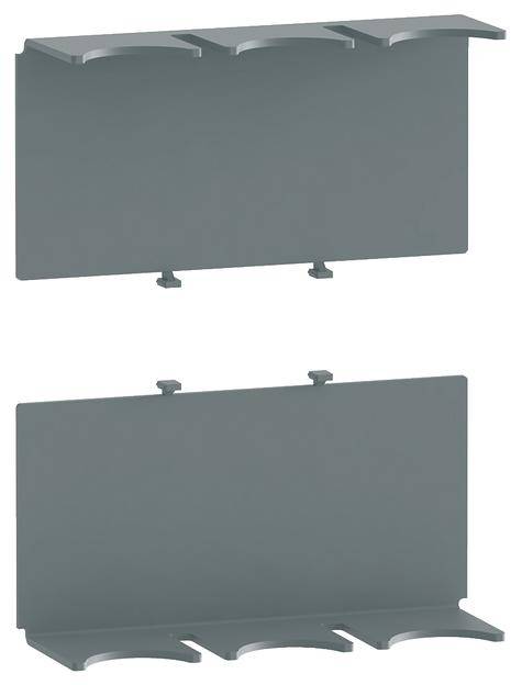 Zwei graue Metallplatten mit geschwungenen Kanten und Halterungen, eine oben, eine unten.