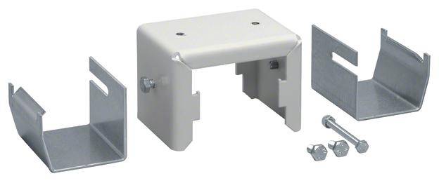 Metallbeschlag-Set bestehend aus einem abgewinkelten Halter, einer Abdeckung, Schrauben und einem Bolzen; für Montagezwecke.