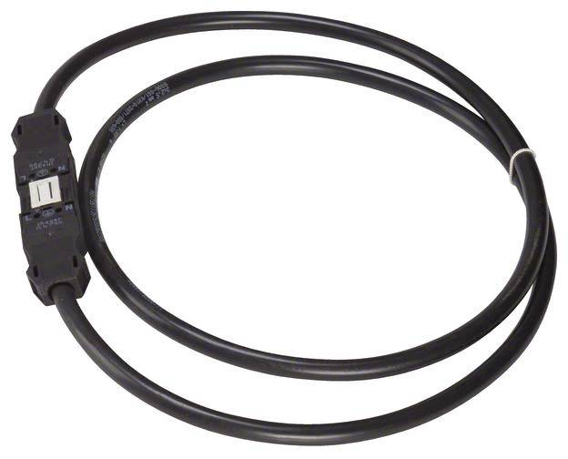 Ein schwarzes Stromkabel mit integriertem Stromwandler in Ringform, geeignet zur Messung elektrischer Ströme, liegt auf weißem Hintergrund.