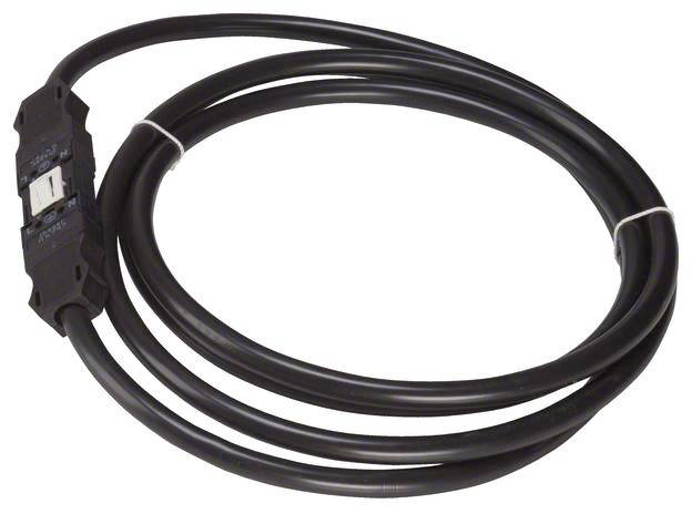 Schwarzes, gewickeltes Kabel mit rechteckigem Stecker, geeignet für elektrische Verbindungen und Signalübertragungen.