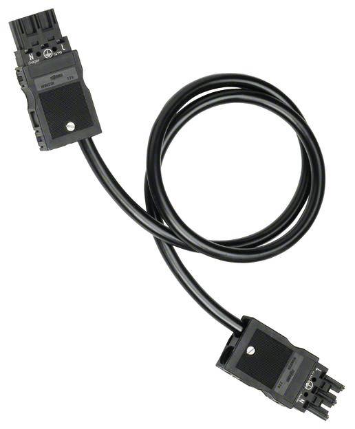 Ein schwarzes Elektrokabel mit zwei rechteckigen Steckverbindern an den Enden. Kabel ist in einer leicht gekrümmten Form dargestellt.