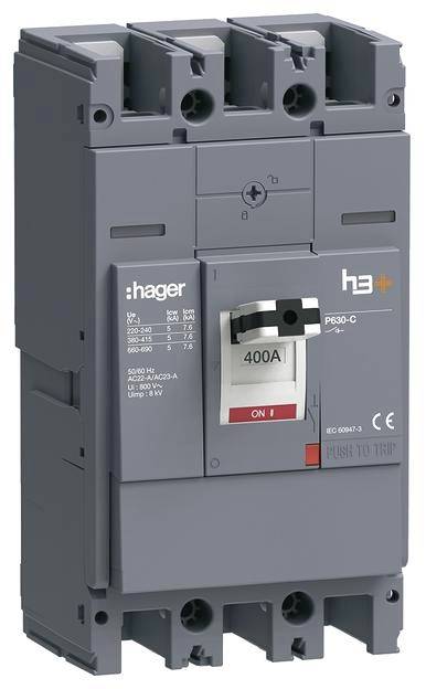 Elektrischer Leistungsschalter von Hager, Modell h3+ P630-C, mit einer Nennstromstärke von 400A.