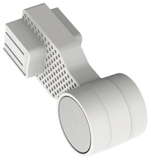 Eine weiße, moderne mechanische Komponente mit zwei zylindrischen und einem rechteckigen Element, verbunden durch eine perforierte Struktur.