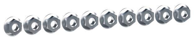 Zehn silberne Sechskantmuttern in einer geraden Reihe angeordnet, glänzend und gleichmäßig verteilt.