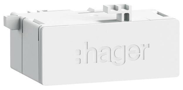 Ein rechteckiges, weißes Gehäuse mit dem eingeprägten Schriftzug 'hager' an der Seite. Es ist für Elektroinstallationen gedacht.