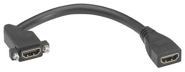 Ein schwarzes HDMI-Verlängerungskabel mit weiblichen Anschlüssen an beiden Enden. Das Kabel ist kurz und leicht gebogen.