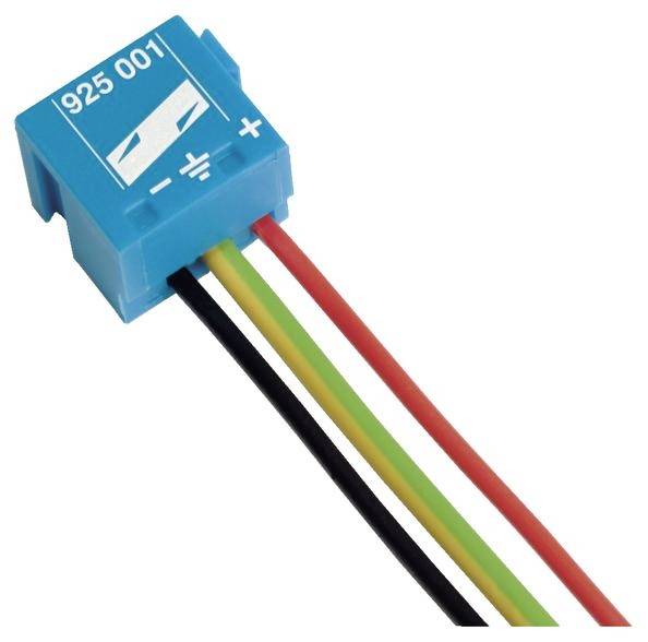 Blaue elektrische Steckverbindung mit Beschriftung '925 001'; rote, schwarze, gelbe und grüne Kabel ragen heraus.