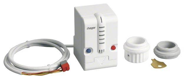 Elektronischer Thermo-Stellantrieb mit Kabel, zwei Anschlussöffnungen, zwei Adapterringen und einem kleinen Metallteil zur Montage.