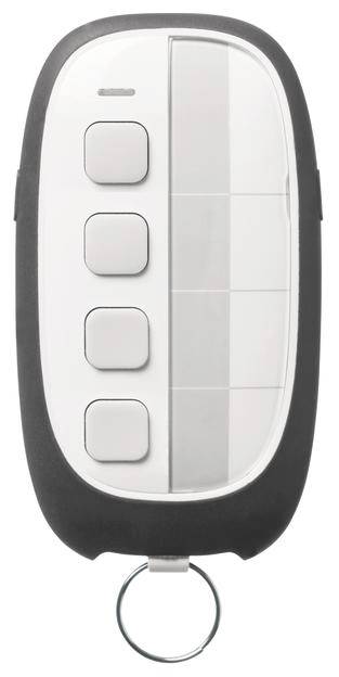 Schwarzer und weißer Schlüsselanhänger mit vier quadratischen Tasten und einem Metallring.