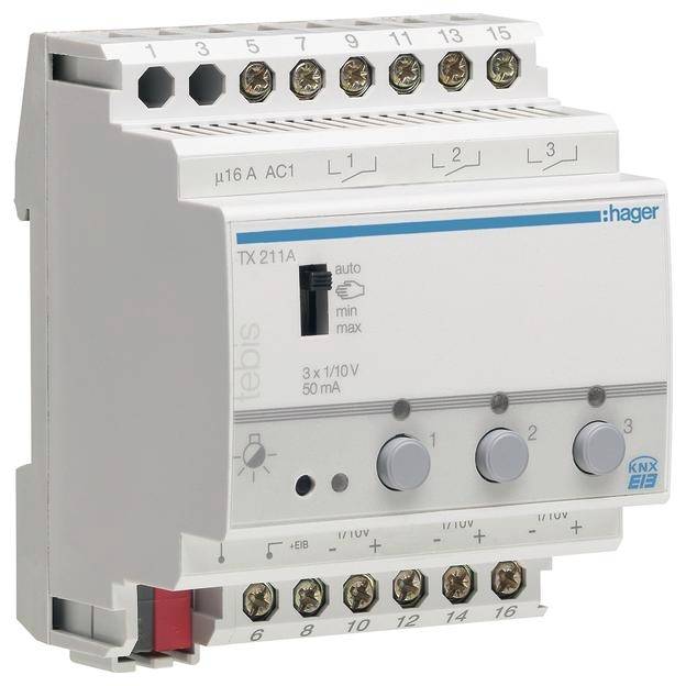 Ein Hager KNX TX 211A Gerät zur Lichtsteuerung mit drei Drehknöpfen und mehreren Anschlussklemmen oben und unten.