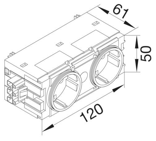 Technische Zeichnung eines rechteckigen Bauteils mit zwei runden Öffnungen vorne. Maße: 120 mm Länge, 61 mm Breite, 50 mm Höhe.