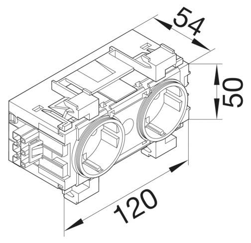Technische Zeichnung eines rechteckigen Bauteils mit Maßen: Breite 120 mm, Tiefe 54 mm, Höhe 50 mm. Enthält zylinderförmige Aussparungen.