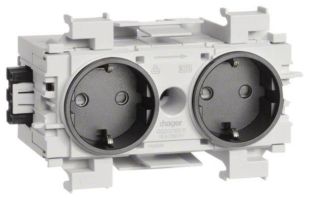 Zweifach-Steckdose in einem Gehäuse. Geeignet für Unterputzmontage. Markenname und technische Informationen sind aufgedruckt.