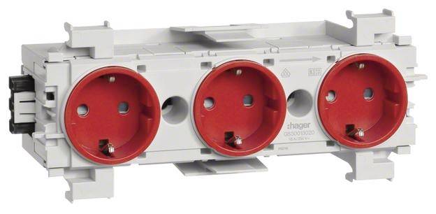Ein dreifaches Steckdosenmodul mit rotem Steckbereich und grauem Gehäuse für den Einsatz in elektrischen Installationen.