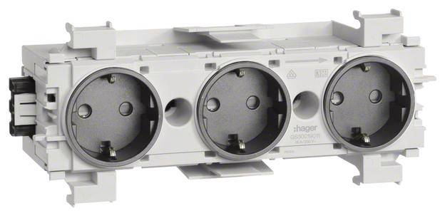Dreifach-Steckdose in weißem Kunststoffgehäuse, geeignet für die Montage in Schaltschränken oder Verteileranlagen.