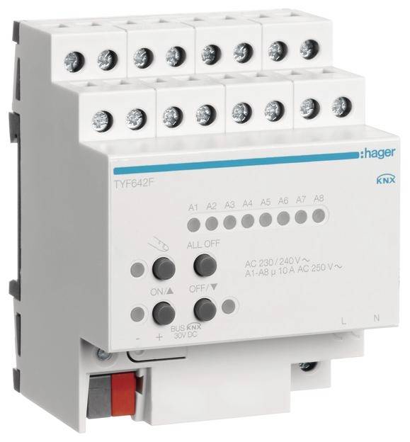 Ein KNX-Schaltaktor von Hager mit mehreren Anschlüssen und Steuerknöpfen, geeignet für Hausautomationssysteme.