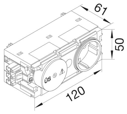 Technische Zeichnung eines rechteckigen Geräts mit den Maßen 120 mm x 61 mm x 50 mm und der Kennzeichnung 'Üs'.